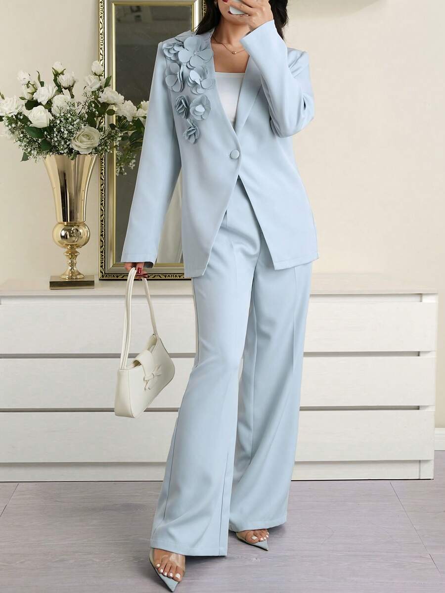 Modelyn Women's Elegant Commuter 3D Floral Single-Button Blazer - Blue - View 1
