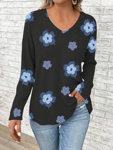 EMERY ROSE Plus Size Women Floral Print V-Neck Long Sleeve Loose T-Shirt Spring - Multicolor - View 3