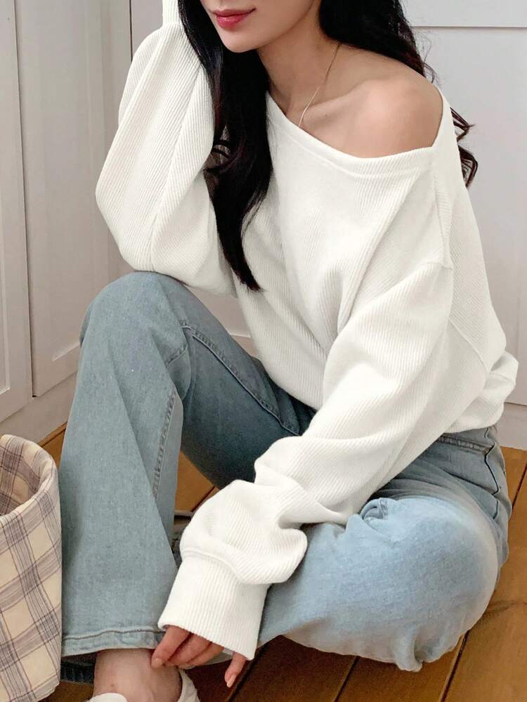 Women's Solid Color Casual Loose Fit Oblique Shoulder Long Sleeve T-Shirt Off The Shoulder