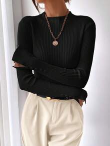 BizChic 女士纯色立领修身长袖针织衫，百搭都市通勤装，简约优雅商务休闲办公服饰