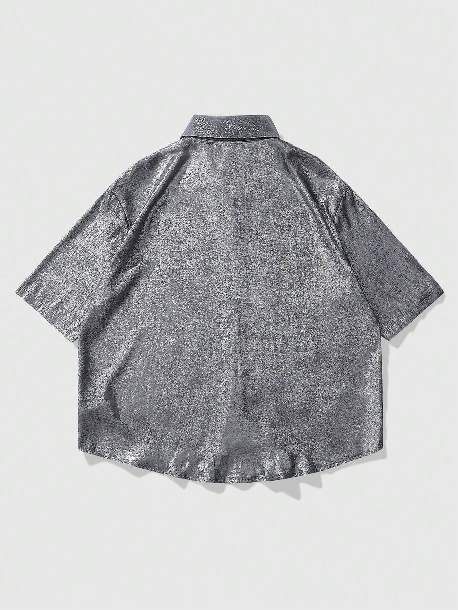 ROMWE MEN 男士短袖时尚前扣休闲度假衬衫 - 銀色 - 查看 1