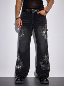 ROMWE MEN Street Life 男士水钻装饰牛仔裤，适合日常穿着，春夏款 - 黑色 - 查看 1