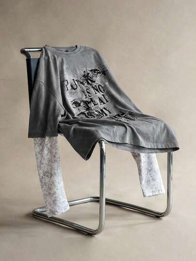 Street Life T-shirt décontracté mode de rue pour hommes, imprimé sombre avec slogan, 2 en 1, printemps/automne