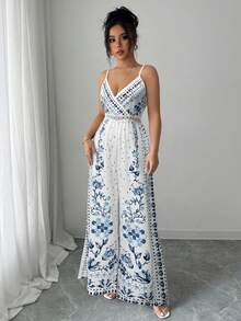 Rafferiza Bộ jumpsuit ống rộng, eo ren thanh lịch dành cho nữ, jumpsuit dự tiệc cưới, jumpsuit mùa hè, jumpsuit in hoa, jumpsuit phong cách boho, jumpsuit đi nghỉ mát, trang phục bohemian cho nữ, jumpsuit thanh lịch cho nữ, trang phục dài đi biển cho nữ. - Màu xanh lam - Xem 7