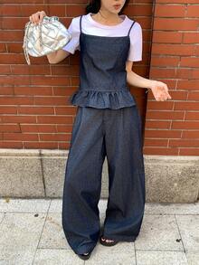 FRIFUL Women's Casual Denim Camisole Top With Ruffle Hem And Denim Pants Set, Summer Spring - Blue - View 3