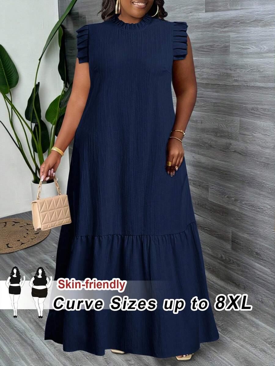 SHEIN CURVE+ Curve 尺码 US22 音乐节、海滨度假、波西米亚风 2026 加大码 女装 春夏新款 度假风 优雅日常休闲 宽松 干净 色卡 蓝色 编织纹理面料 无袖 荷叶边拼接 荷叶边拼接 立领 女装 加大码 长裙 春夏 - 藏蓝色 - 查看 1