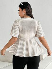 Vionelle 大码女式优雅条纹纹理交叉领收腰A字短袖T恤 - 彩色 - 查看 2