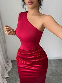 Elenzga Đầm nữ mới, cổ xéo, dệt kim, chắp vá, ôm sát, xếp ly, vạt đuôi cá, kiểu dáng thanh lịch dành cho thiếu nữ, thích hợp cho ngày Valentine, tiệc tùng hoặc đi nghỉ mát. - Màu Đỏ Sâu - Xem 4