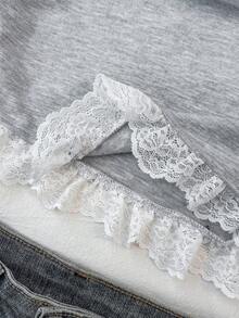 SHEIN 少女蕾丝边蝴蝶结装饰褶皱腰身修身短袖T恤，浅灰色 - 淺灰色 - 查看 7