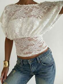 Aloruh Romantic Date Versatile White Sheer Blouse, Loose Top Tight Bottom, Spring/Summer New Arrival - White - View 2