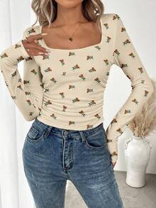 SHEIN LUNE Women's Floral Print Square Neck Long Sleeve Pleated Casual T-Shirt - Apricot - View 5