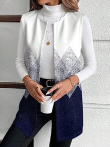 EMERY ROSE 浪漫休闲蓝白渐变菱格几何印花加大码女式外套，女士背心外套，蓝白大衣，新年，办公，外衣 - 彩色 - 查看 9