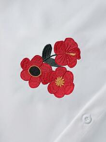 PAVTROS 男士白色短袖刺绣衬衫，宽松版型，休闲街头风，适合送给男友/老公，情侣装 - 白色 - 查看 2