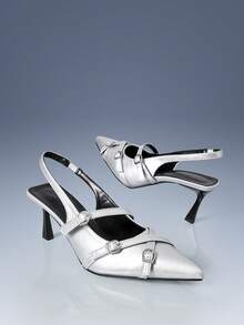 CUCCOO GRLICON Sapatos femininos de salto alto agulha com bico fino, salto laqueado, tira no tornozelo com fivela decorativa, salto alto prateado sexy e elegante para festas de Natal. - Prata - Ver 5