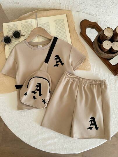 2pcs/Set Young Boy Solid Color Letter Graphic Casual T-Shirt And Shorts Set With Crossbody Bag
