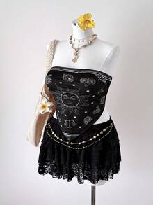 大码女式星座印花不对称下摆时尚百搭抹胸上衣，适合约会和派对穿着 - 彩色 - 查看 3