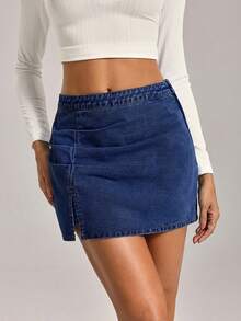 SHEIN Tall Women's Solid Color Draped Slit Casual Denim Skirt - Dark Wash - View 4