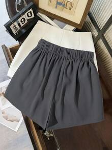 Franclia 女士高腰破洞拼接设计短裤，金属扣装饰，梭织面料，A字百搭款式，休闲时尚宽松版型 - 灰色 - 查看 2