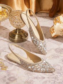 CUCCOO TILAWA Fashionable Pointed Toe Flat Champagne Color Backless Fully Rhinestone Comfortable Elegant Versatile Women Slip-On Flat Shoes Valentine's Day
