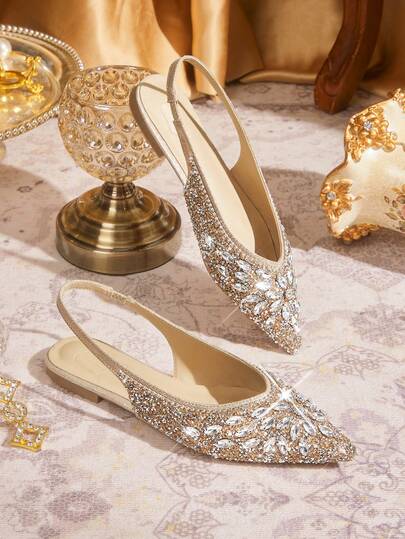 CUCCOO TILAWA Fashionable Pointed Toe Flat Champagne Color Backless Fully Rhinestone Comfortable Elegant Versatile Women Slip-On Flat Shoes Valentine's Day