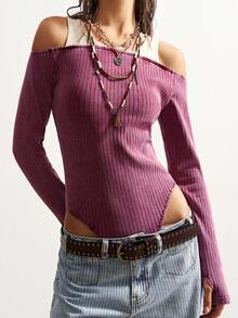 Bohemela Casual Color Block Long Sleeve Fitted Bodysuit For Women - Burgundy - View 6