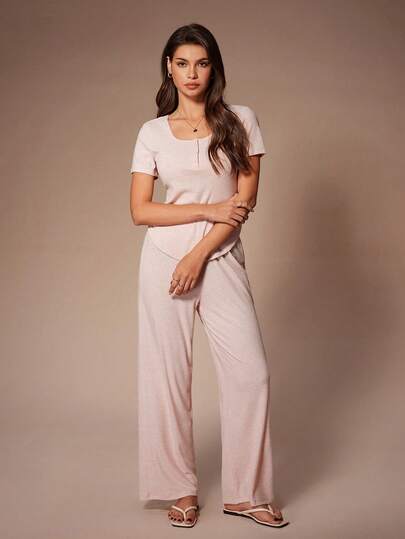 Lazeform Women's Casual Solid Color Round Neck Fitted Curved Hem Cinched Waist Short Sleeve Jumpsuit, Suitable For Loungewear Or Outerwear