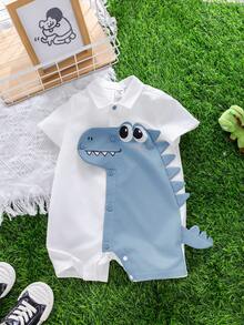 SHEIN Baby Boys & Girls Cartoon Dinosaur Pattern Turndown Collar Short Sleeve Romper Shorts Set, Casual Versatile - Multicolor - View 7