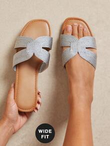 SHUZIA Women's Wide-Fit Minimalist Comfortable Woven PU Flat Sandals - Silver - View 2