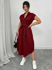 Elenzga Plus Size Women's Elegant Alice Fabric Shirt Collar Raglan Sleeve Waist Tie Bow Wooden Button Spring/Summer New Versatile Casual Club Fashionable Design Dress - Burgundy - View 4