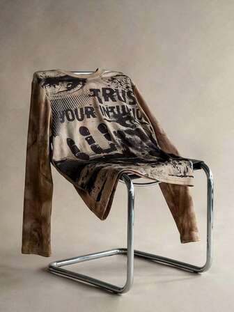 Maglietta casual da uomo a maniche lunghe con scollo rotondo e stampa a macchie, versatile