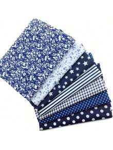 7Pcs/Set, DIY Fabric Set - Square, Multiple Patterns (Red Stars, Grids, Flowers, Polka Dots, Etc.), Pre Cut Polyester Fabric, Suitable For Sewing, Quilting, And Handmade Scrapbooking - Navy Blue - View 2