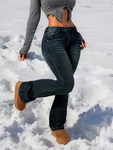 SHEIN PETITE 女士性感修身弹力超低腰蓝色牛仔裤 - 深色水洗藍 - 查看 3