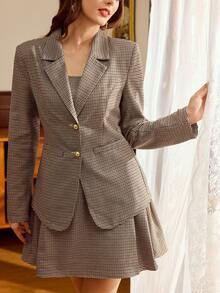 Vintamour 复古经典优雅女士套装，修身格纹套装，配金属纽扣，包含西装外套和连衣裙，咖啡棕色套装 - 咖啡棕 - 查看 3