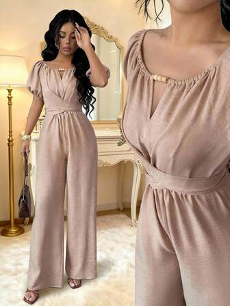 Rafferiza 女士优雅卡其色通勤木珠装饰圆领扭腰长袖阔腿连体裤