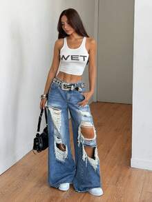 SHEIN ICON 女士休闲水洗做旧宽松阔腿牛仔裤 - 藍色 - 查看 2