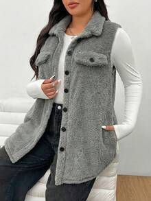 SHEIN EZwear 大码女式无袖休闲保暖抓绒外套，灰色 - 灰色 - 查看 3