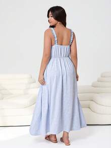 Solflare 春夏新款休闲日常连衣裙，适合派对、音乐节、返校、毕业典礼、度假、街头穿搭、婚礼、购物、城市漫步等多种场合。特点：荷叶边细肩带、胸部褶裥、收腰设计、A字长裙、纹理面料、蓝色、大码 - 淺藍色 - 查看 2