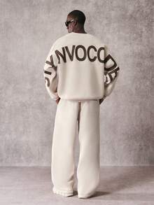 STYNVO 男士休闲时尚街头日常通勤字母印花保暖宽松圆领卫衣和阔腿运动裤套装，秋冬超大街头风 Jackpot 卫衣，男士超大街头风卫衣 - 杏色 - 查看 2