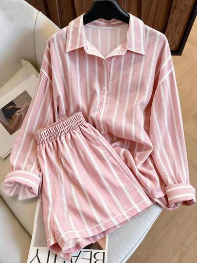 Resyla Vintage Casual Striped Long Sleeve Shirt And Shorts 2 Pieces Set, Relaxed And Versatile