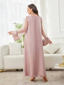 Al Najma 女士优雅水钻领网纱袖土耳其长款连衣裙，适合正式场合 - 粉色 - 查看 2