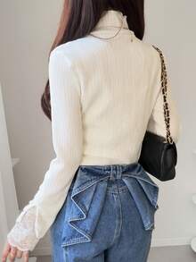 FRIFUL 女士纯色高领长袖纹理面料领口和袖口蕾丝拼接修身休闲百搭T恤，秋冬款