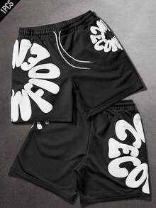 SLATEMANN 男士字母印花抽绳腰休闲宽松短裤 - 黑色 - 查看 1