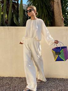 Livesso Women's Pleated Round Neck Loose Top And Casual Wide Leg Pants 2 Pieces Set, Summer Holiday Outfit - Apricot - View 6