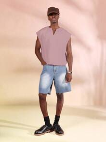 SUMWON Crop Fit Sleeveless V Neck Tank Top With Raw Edge Hem Casual Summer Streetwear - Pink - View 5