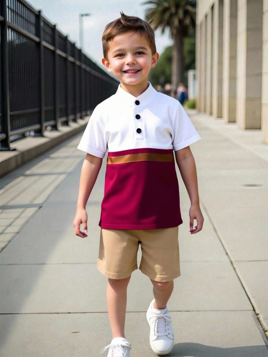 SHEIN Genkimix Kids 1件男童针织舒适短袖polo衫，时尚运动撞色设计，宽松版型，适合春夏穿着，适合度假、海滩、日常穿着。 - 酒紅色 - 查看 1