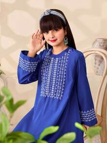 Tween Girl Vacation Embroidered Round Neck Loose Casual Dress - Royal Blue - View 5