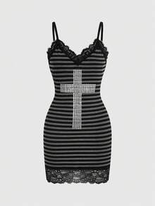 ROMWE Spring/Summer Party Women J-Fashion Sexy Y2K Striped Studded Cross Black Mini Dress - Black - View 1