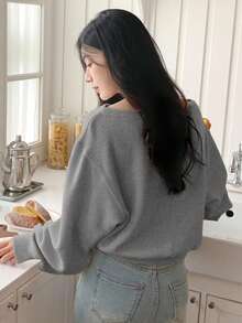 DAZY Women's Casual Solid Color Loose Fit Oblique Shoulder Long Sleeve T-Shirt, Autumn Off The Shoulder - Grey - View 4