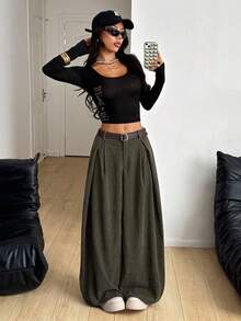 SHEIN PETITE 女士秋冬四季返校复古休闲街头风超大款绿色弧形裤脚灯芯绒卡其色工装裤阔腿裤宽松裤 - 軍綠色 - 查看 5