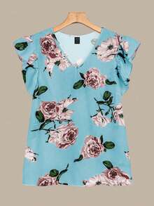 EMERY ROSE 2pcs Women Casual Floral Print Cap Sleeve Blouse And Straight Leg Pants Set, Spring/Summer Blouse And Pants Set 2 Piece Sets Woman Summer Summer Pant Set Pants And Top Set - Blue - View 3